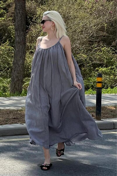 Madmext Gri Halter Yaka Askılı Uzun Basic Kadın Elbise MG2163