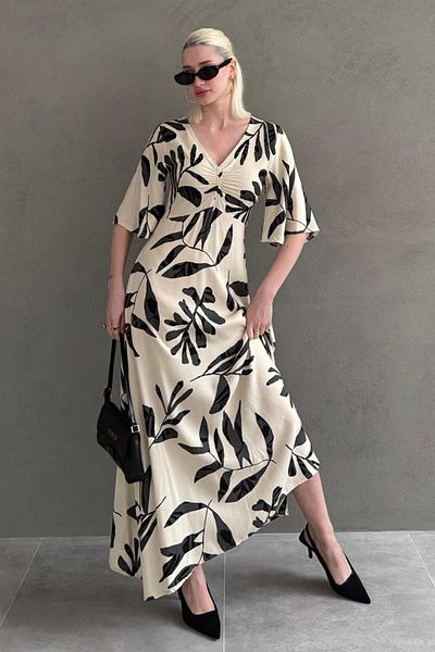 Madmext Ecru Patterned Half Sleeve Dress Mg2395
