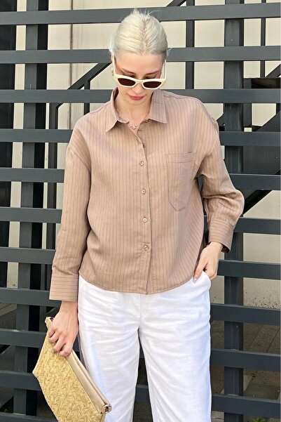 Madmext Camel Çizgili Oversize Kadın Gömlek MG2093