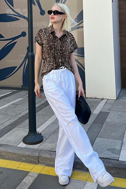 Madmext Bej Leopar Desenli Kısa Kollu Kadın Gömlek MG2098