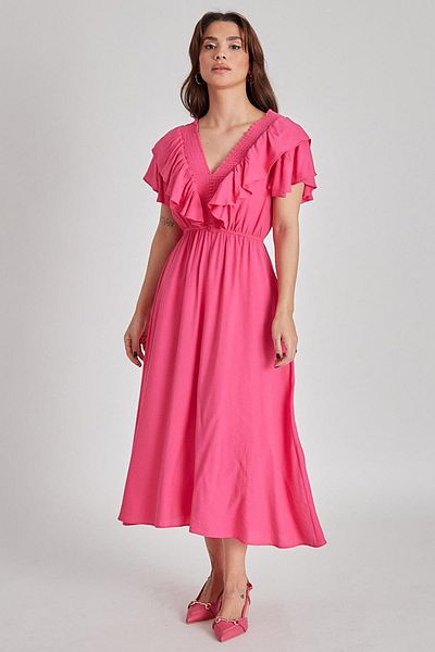 Madmext Fuchsia V-Neck Elastic Dress Mg1842