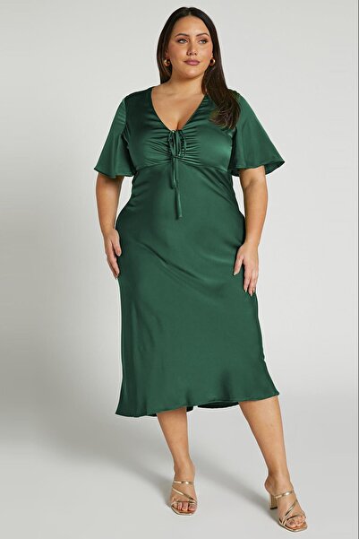Madmext Yeşil Midi Boy Kısa Kollu Saten Elbise MG2013