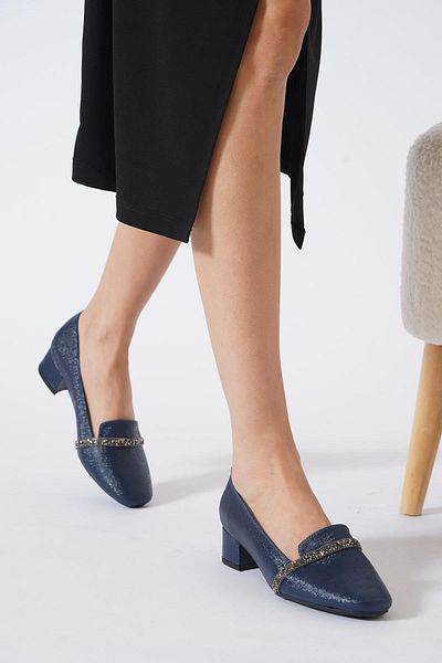 Moda Pie Denas Single Stripe Stone Women's Heeled Shoes Navy Blue Nova