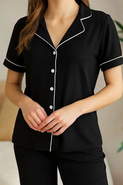 MAYSSTORE SET Pijamale cu maneca scurta cu nasturi negri