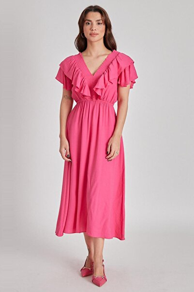 Madmext Fuchsia V-Neck Elastic Dress Mg1842