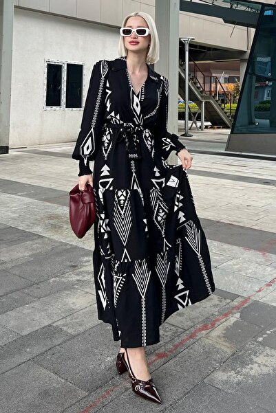 Madmext Black Patterned Double Breasted Collar Long Women's Dress MG2052