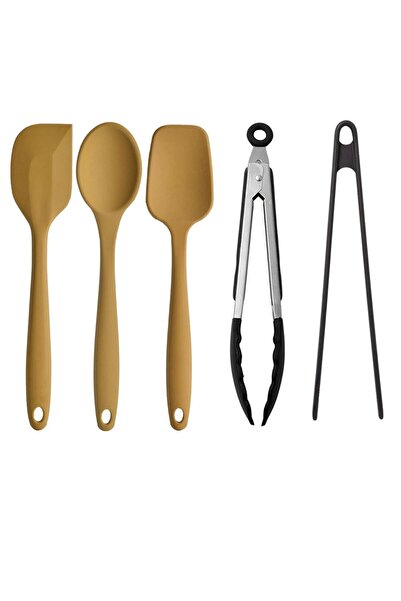 Kitchen Design Lab 5 Li Sarı Yanmaz Yapışmaz Silikon Düz Yassı Spatula Kaşık ...