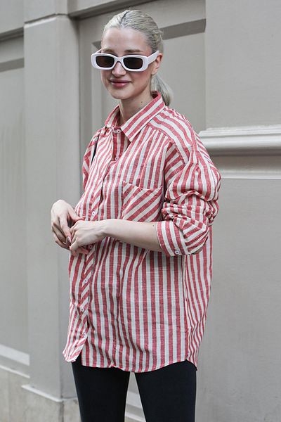 Madmext Red Striped Oversize Women's Shirt Mg1729