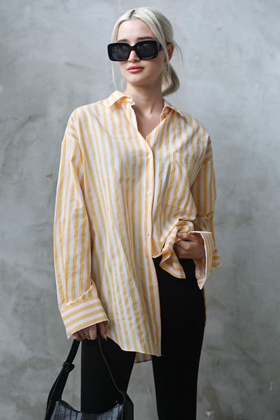 Madmext Gelb gestreiftes Oversize Damen Shirt Mg1688