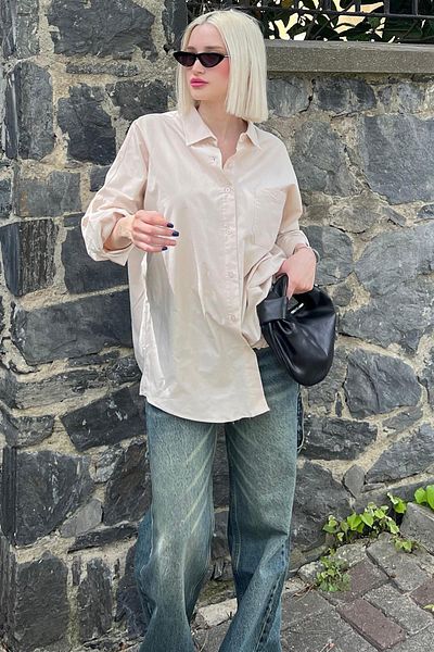 Madmext Bézs Oversize Basic zsebes poplin ing Mg1530