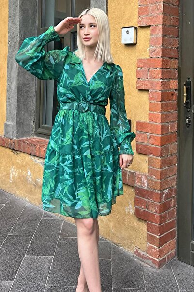 Madmext Green Double-breasted Collar Patterned Women's Dress MG2007