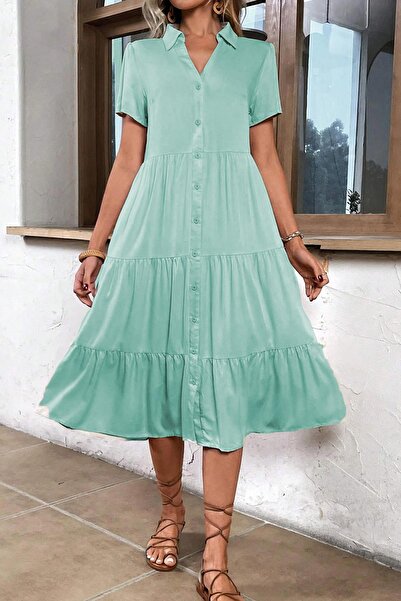 Madmext Mint Yeşili Gömlek Yaka Uzun Elbise MG1853