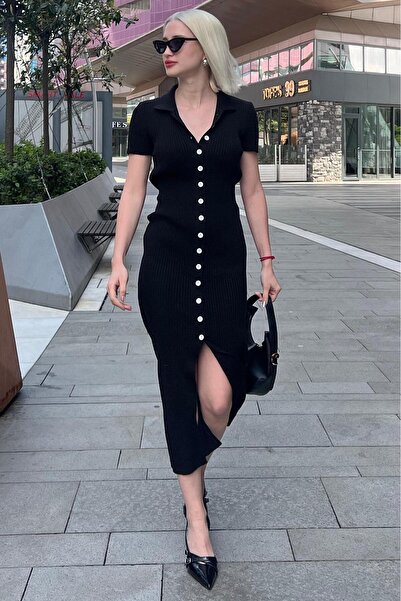 Madmext Siyah Düğmeli V Yaka Uzun Triko Elbise MG2078