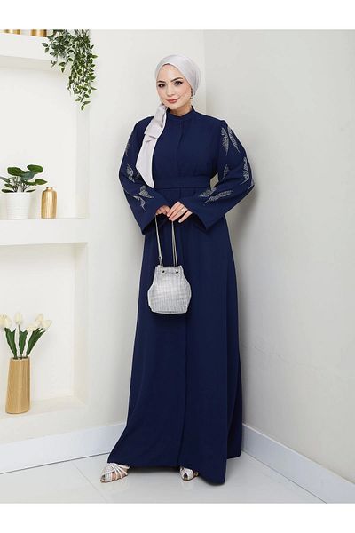 EFSUN MODA Stoned Abaya Hijab Clothing Women's Ferace Dress Laci̇Vert