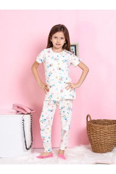 Yağmur Giyim Elmkp Ecru Robot Pattern Twill Fabric Girls Pajama Set 3-10 Years 1111