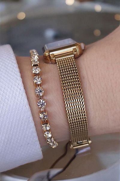 Daniel Klein 23mm Square Case Green Dial Mini Wrist Watch - Jewelled Bracelet Gift, Gold Yellow Steel Bracelet