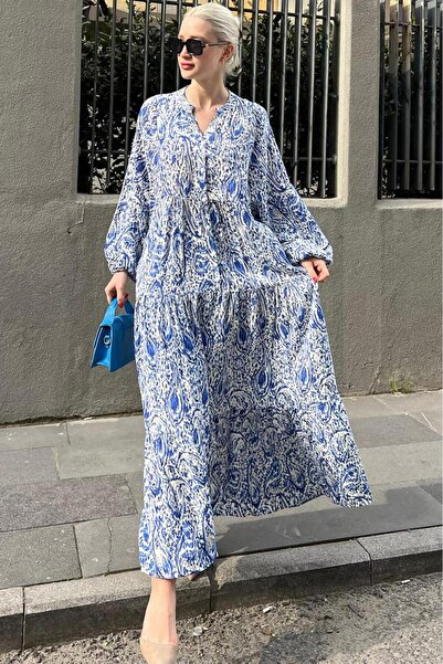 Madmext Saks Bilekleri Lastikli Yarım Düğmeli Hakim Yaka Çiçekli Elbise MG2028