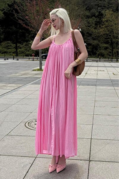 Madmext Pembe Halter Yaka Askılı Uzun Basic Kadın Elbise MG2163