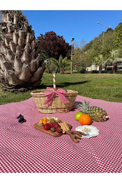 Beyaz Atölyem سلة نزهة بفيونكة مزدوجة اللون ومجموعة أدوات مائدة من القماش