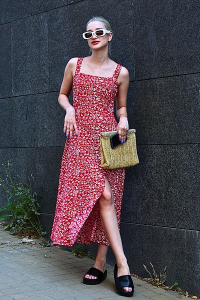 Madmext Red Patterned Slit Long Dress MG1868