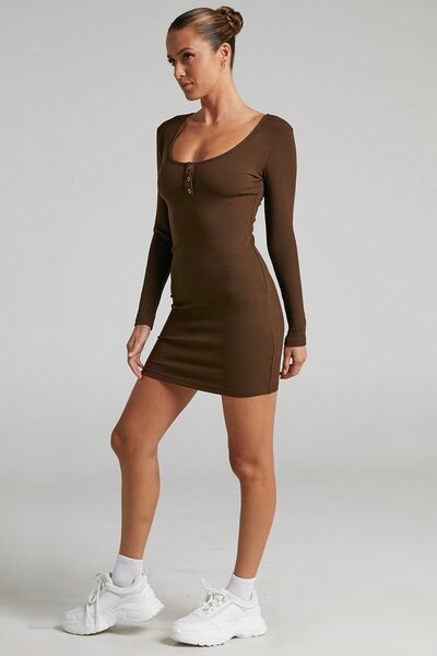 Madmext Kahverengi Uzun Kollu Basic Mini Kadın Elbise Mg1700