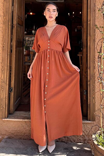 Madmext Kiremit V Yaka Düğmeli Elbise Mg2339