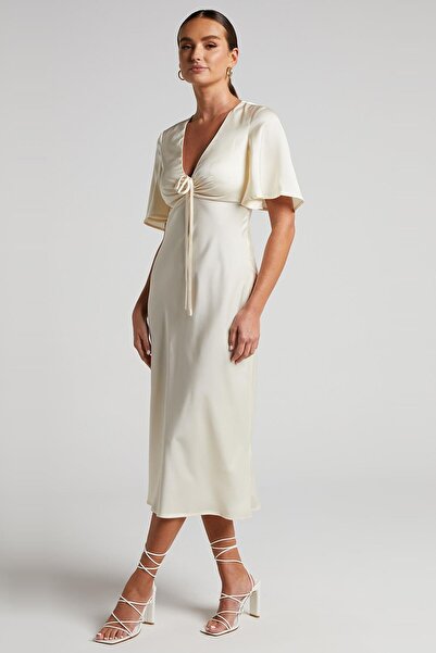 Madmext Bej Midi Boy Kısa Kollu Saten Elbise MG2013