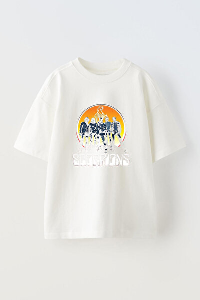 Anetos Tricou Scorpions-Design Front cu imprimeu Cotton White supradimensionat