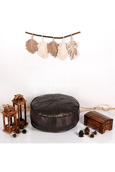 Ottoman Pouffe El Yapımı Derisi Bahçe Balkon Bungalov Puf Yer Minderi Gri Özel Seri 60x30cm(DOLGULU)
