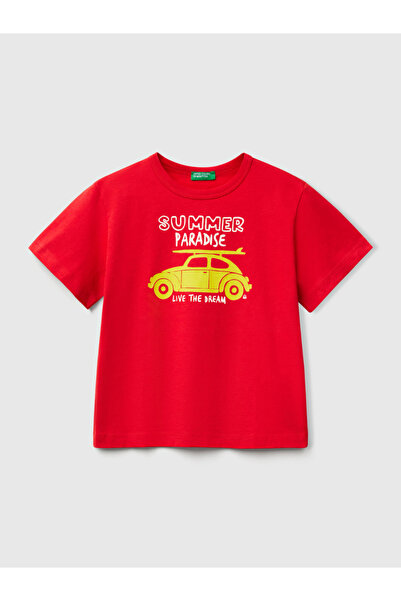 Benetton تيشيرت ولادي مطبوع من عمر 1 إلى 6 سنوات باللون الأحمر الداكن