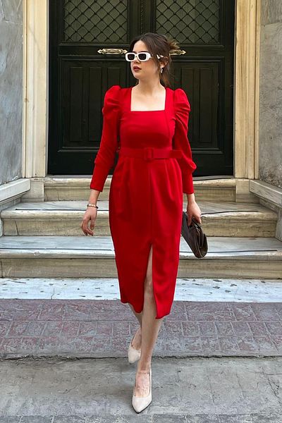 Madmext Red Watermelon Sleeve Square Collar Pencil Dress MG2046