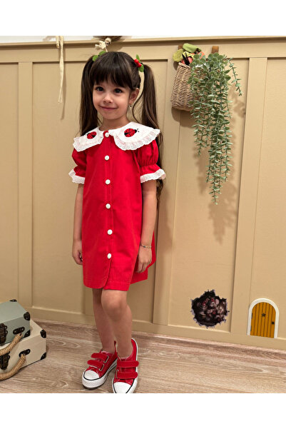 inMini Rochie roșie pentru fetițe - Detalii festonate, guler tip bebeluș și m...