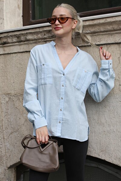 Madmext Mavi Kıvrık Kollu Keten Karışımlı Kadın Gömlek Mg1847