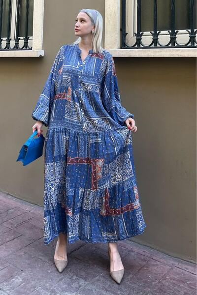 Madmext Indigo Ankles ελαστικό με μισοκουμπωμένο γιακά φλοράλ φόρεμα MG2028