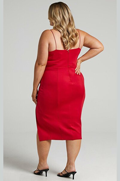 Madmext Kırmızı V Yaka Yırtmaçlı Saten Elbise Mg1742