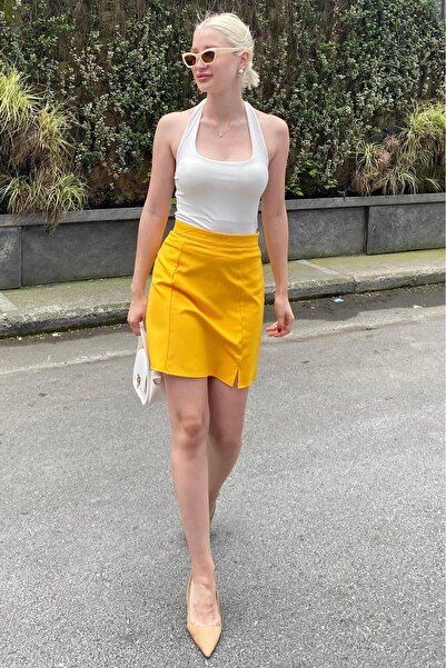 Madmext Sarı Yüksek Bel Önden Yırtmaçlı Kısa Etek MG2086