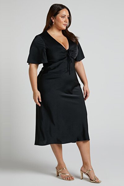 Madmext Siyah Midi Boy Kısa Kollu Saten Elbise MG2013