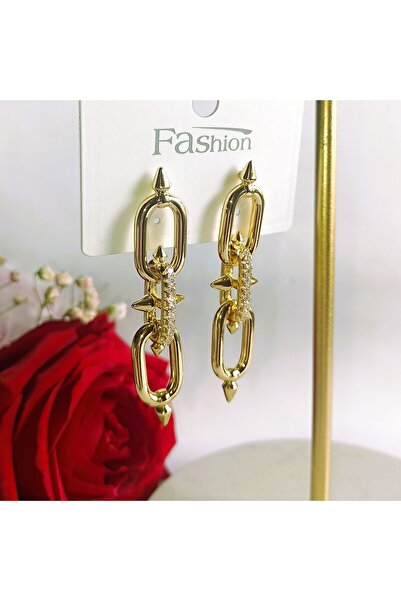 POKAK Kadın Yeni Sezon Tif Model, Altın Renk, Zirkon Taşlı Moda Trend Çelik Küpe