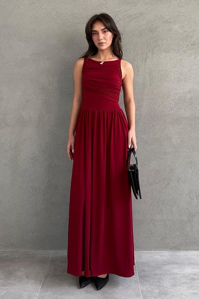 Madmext Burgundy Front Flowy Long Length Women's Dress Mg2364