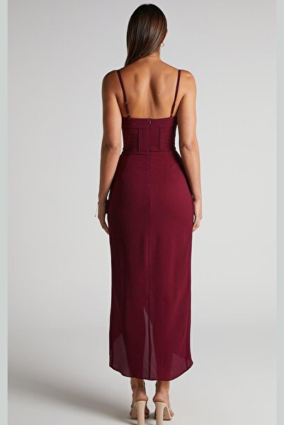 Madmext Bordo Degaje Yaka Askılı Elbise MG2022