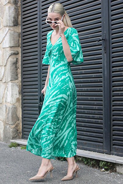 Madmext Μίντι φόρεμα με πράσινο σχέδιο V-λαιμόκοψη Mg1797