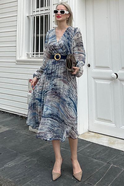 Madmext Rochie albastră din șifon cu model la guler dublu MG2065