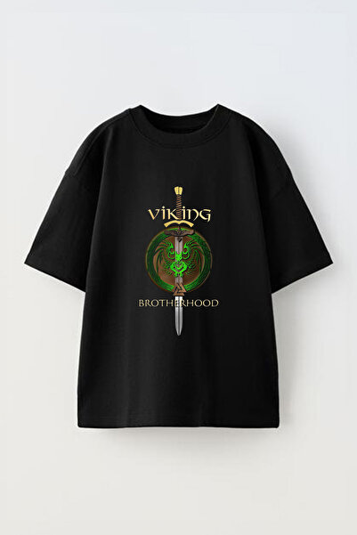 Anetos Tricou Viking Brotherhood cu design pe față din bumbac negru supradime...