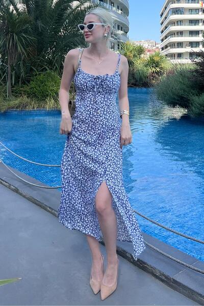 Madmext Mavi Desenli Askılı Uzun Elbise MG2025