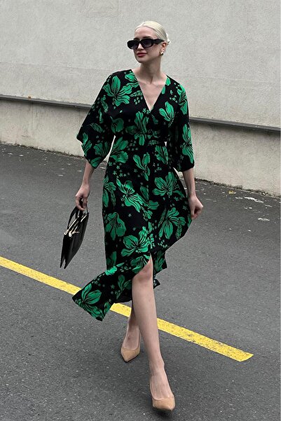 Madmext Yeşil Uzun V Yaka Desenli Kadın Elbise MG2076