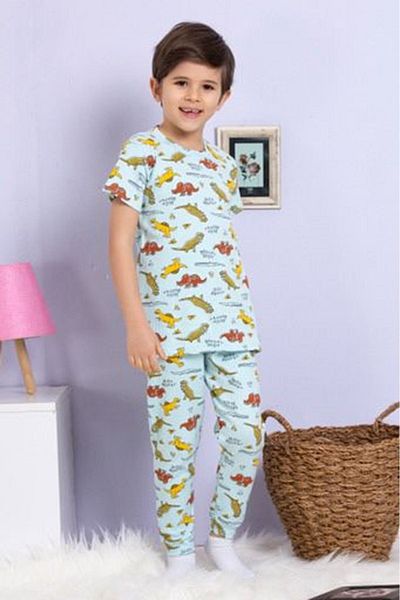 Yağmur Giyim Elmkp Blue Dinosaur Pattern Twill Fabric Boy's Pajamas Set 3-10 Years 1106