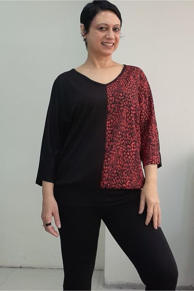 Mertcan Butik Black V-Neck Skirt Cuffed Dark Red Color Block Combed Viscose Bat Elbow Sleeve T-Shirt