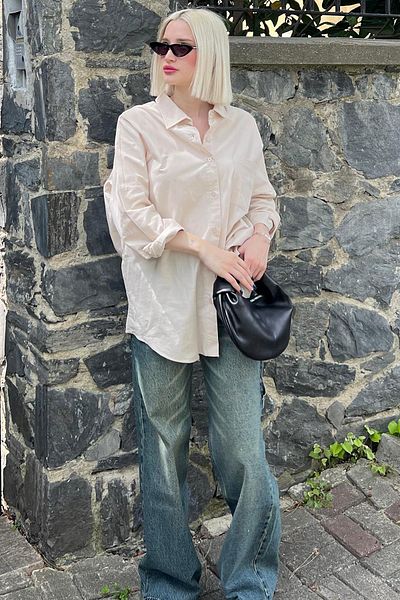 Madmext Bézs Oversize Basic zsebes poplin ing Mg1530