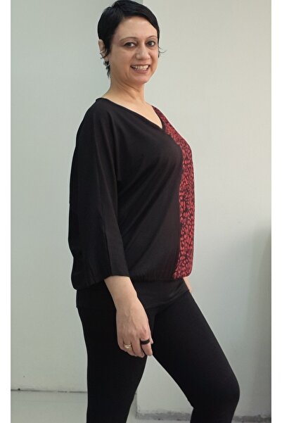 Mertcan Butik Black V-Neck Skirt Cuffed Dark Red Color Block Combed Viscose Bat Elbow Sleeve T-Shirt