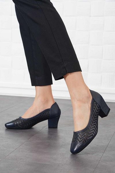 Moda Pie Navy Blue Satin Ronter Stripe Laser Women's Heeled Shoes